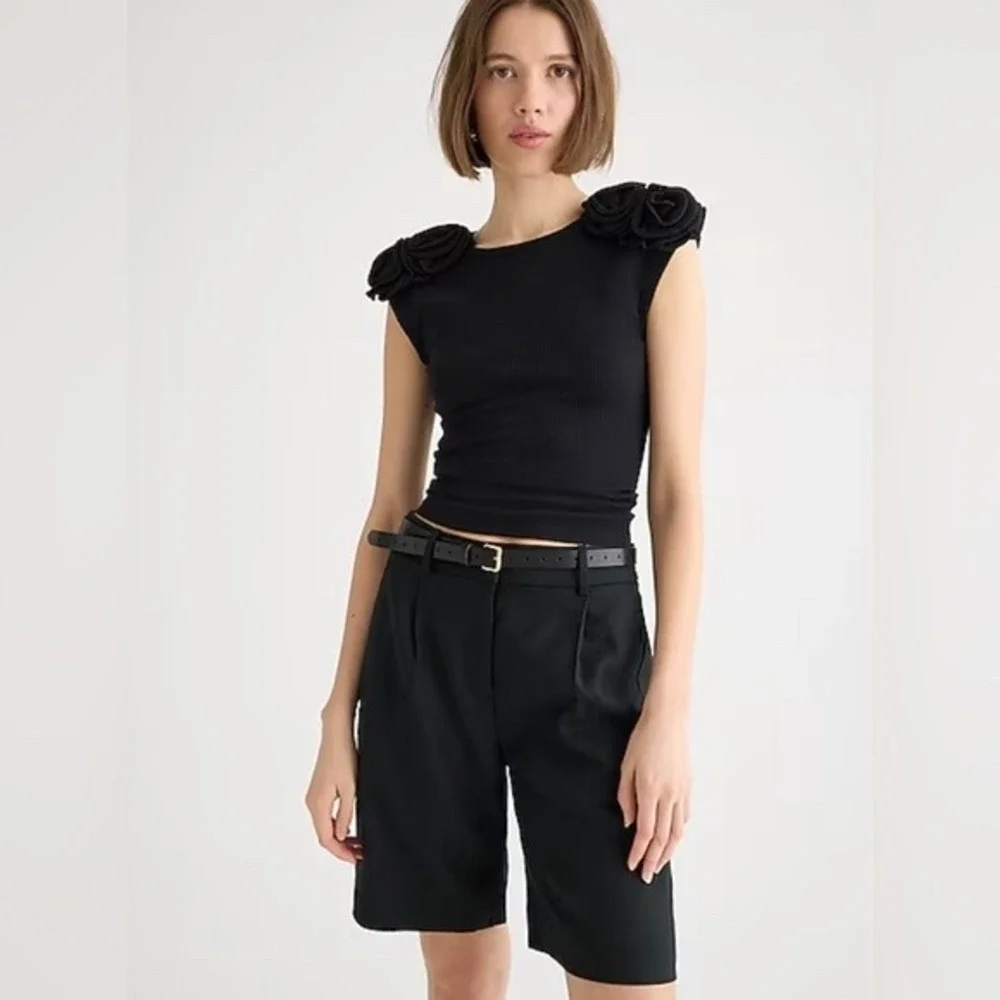 J.Crew Vintage Rib Rosette T-Shirt Black Floral Shoulder Top Small